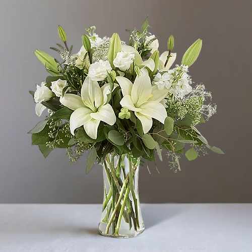 Enchanting Elegance Bouquet – A Graceful Expression Of Sympathy And Remembrance | Pure White Elegance Arrangement