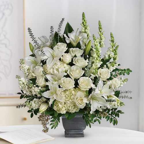 Serene Remembrance Funeral Arrangement – A Timeless Tribute Of Love And Honor | White Grace Flower Arrangement