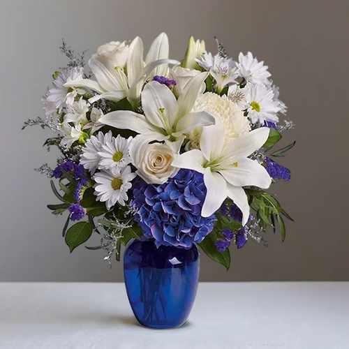Beautiful In Blue Bouquet – A Graceful Tribute Of Sympathy And Remembrance | Cherished Memories Arrangement