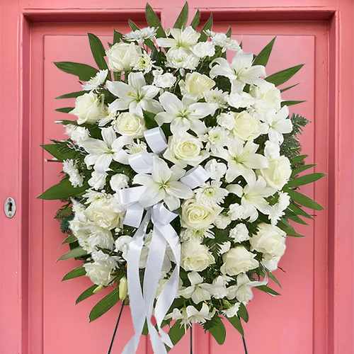 Exquisite Tribute Standing Spray – A Timeless Expression Of Sympathy And Honor | Soft White Condolence Standing Arrangement