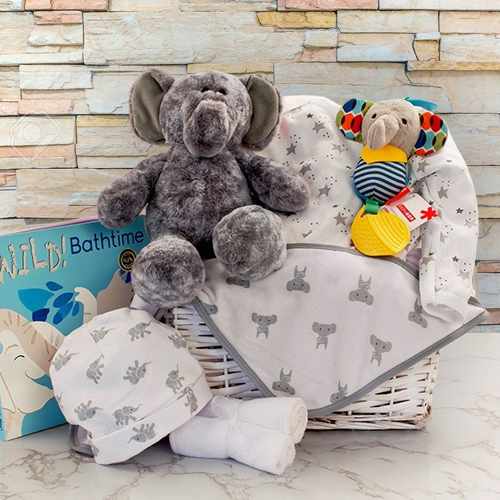 Basketful Of Elephants – An Adorable Welcome Gift For A Precious Baby | Little Elephant Baby Gift Set