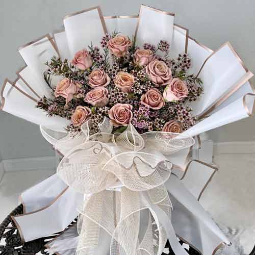 Dozen Coffe Rose N Wax Flower-Bouquet For Wife
