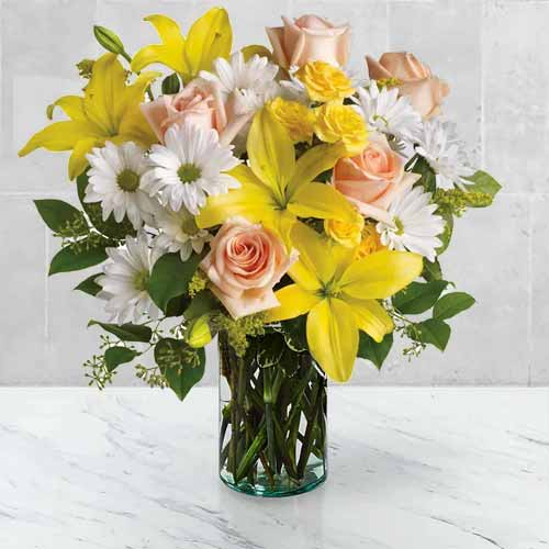 Peach And Yellow Flower Arrangement-Flowers To Send Men