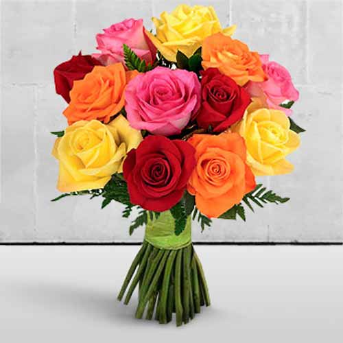 One Dozen Multi Color Roses-Flowers To Send For Anniversary