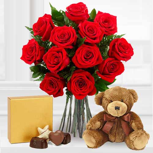 One Dozen Rose With Chocolate And Teddy