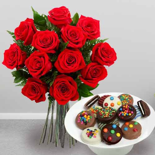 One Dozen Roses With Cookies-Send Flowers And Cookies