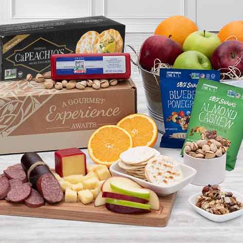 Snacks Basket with Fruits -Crackers, Cheddar Cheese, Pork ...